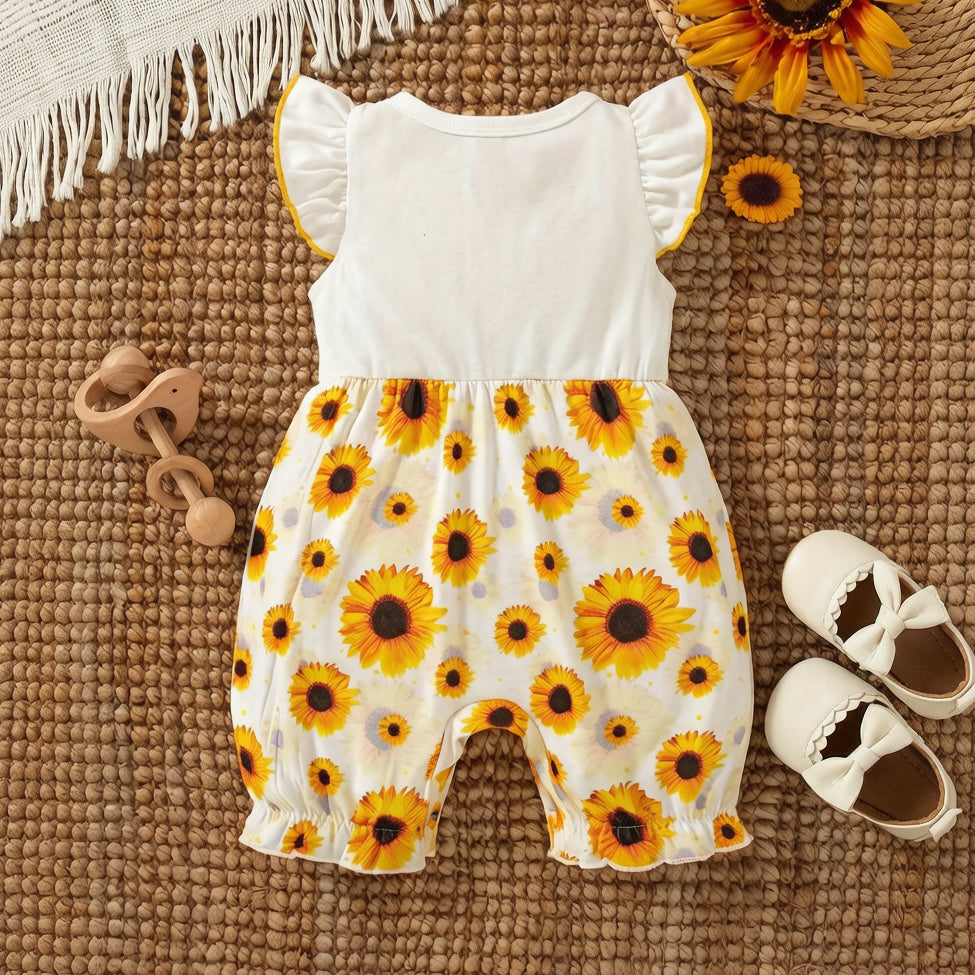 Lovely Little Lady Letter Sunflower Print Flutter Sleeve Baby Jumpsuit