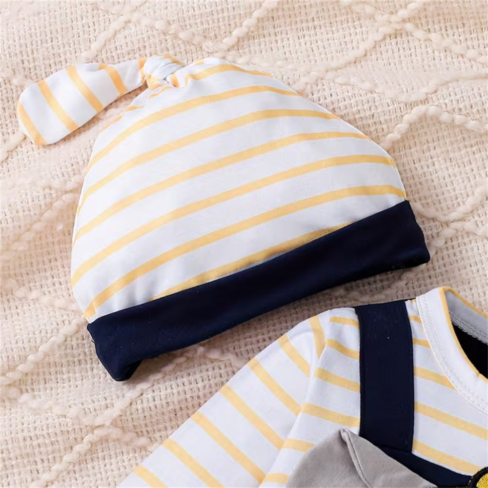 2PCS Cute Elephant Print Striped Long Sleeve Baby Jumpsuit