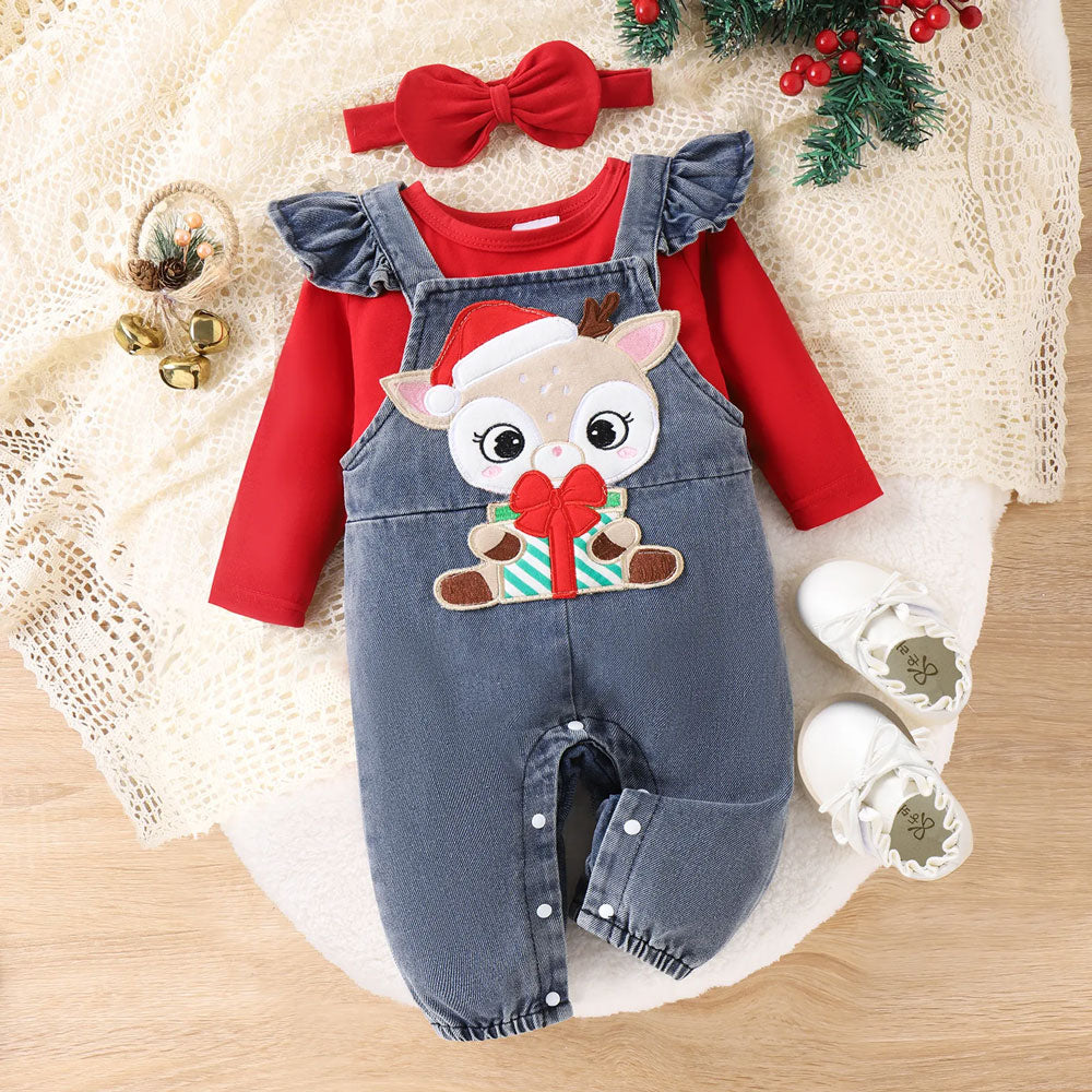 2PCS Cute Faux Two-Piece Christmas Reindeer Appliqué Denim Baby Jumpsuit