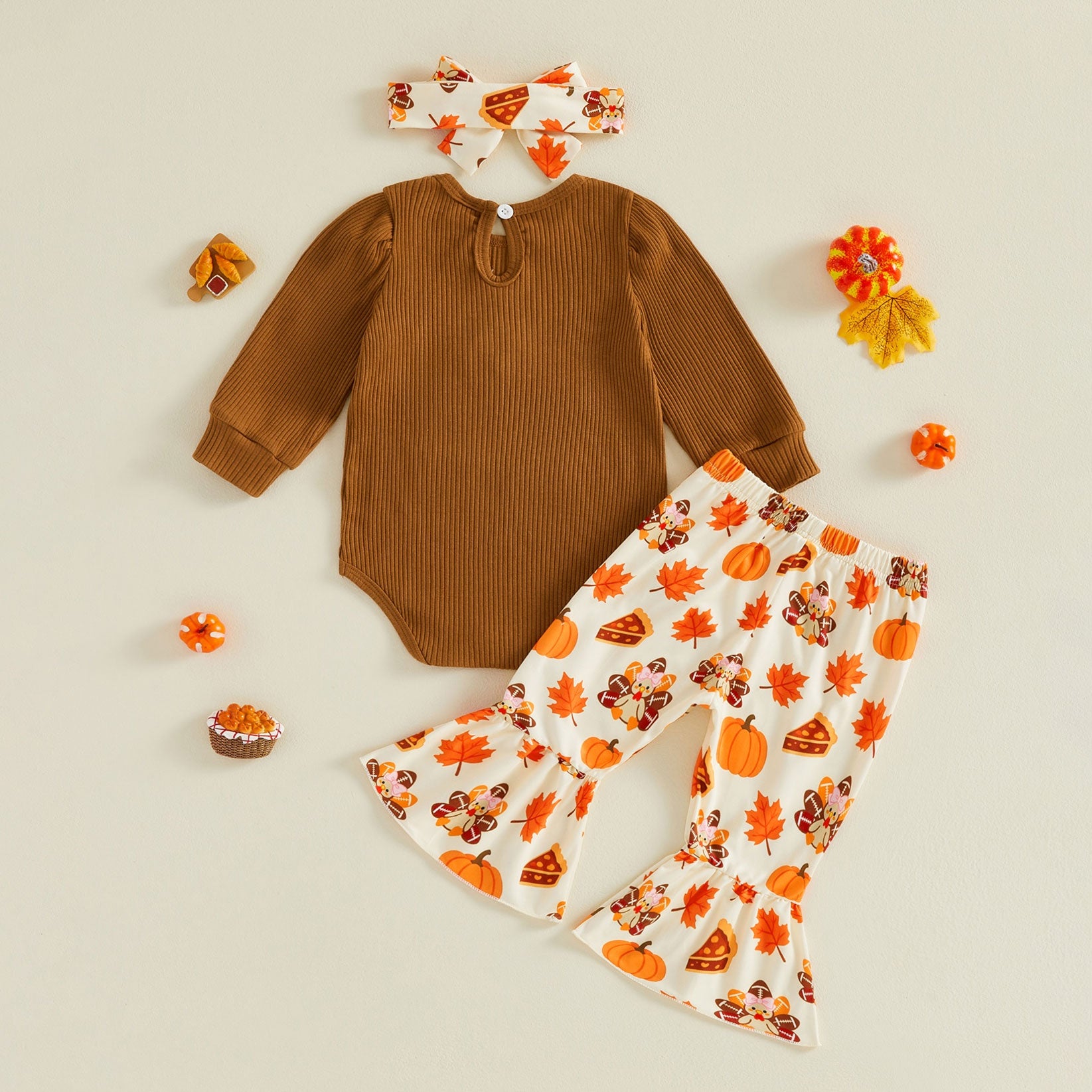 3PCS My First Thanksgiving Letter Turkey Print Long Sleeve Baby Girl Set