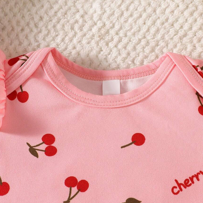 Elegant Cherry Print Short Sleeve Baby Jumpsuit