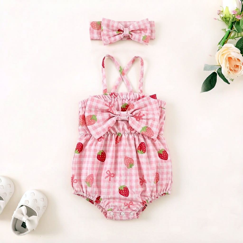 2PCS Cute Strawberry & Plaid Print Sleeveless Baby Romper