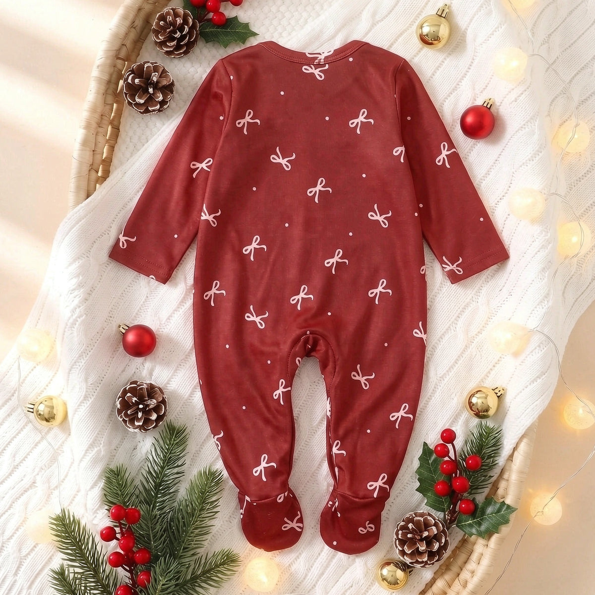 Lovely Gingerbread Man Bow Print Long Sleeve Baby Christmas Jumpsuit