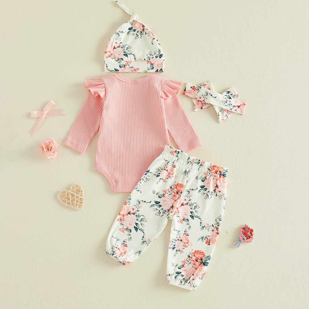 4PCS My Aunt Is Cooler Than My Dad Letter Floral Print Baby Set