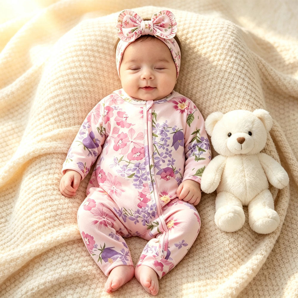 2PCS Exquisite Floral Printed Zipper Long Sleeve Baby Jumpsuit