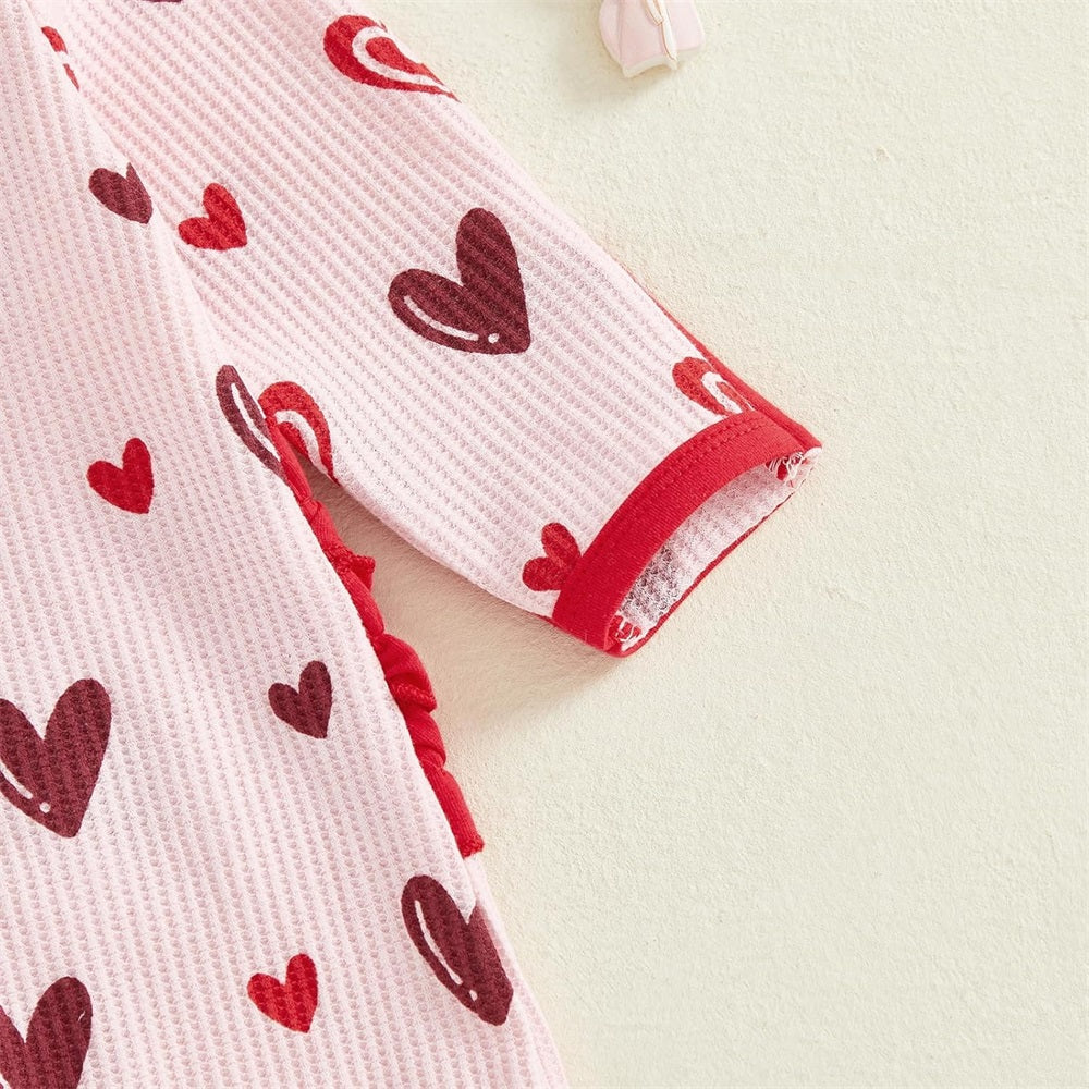 2PCS Cute Heart Print Ruffle Long Sleeve Baby Jumpsuit