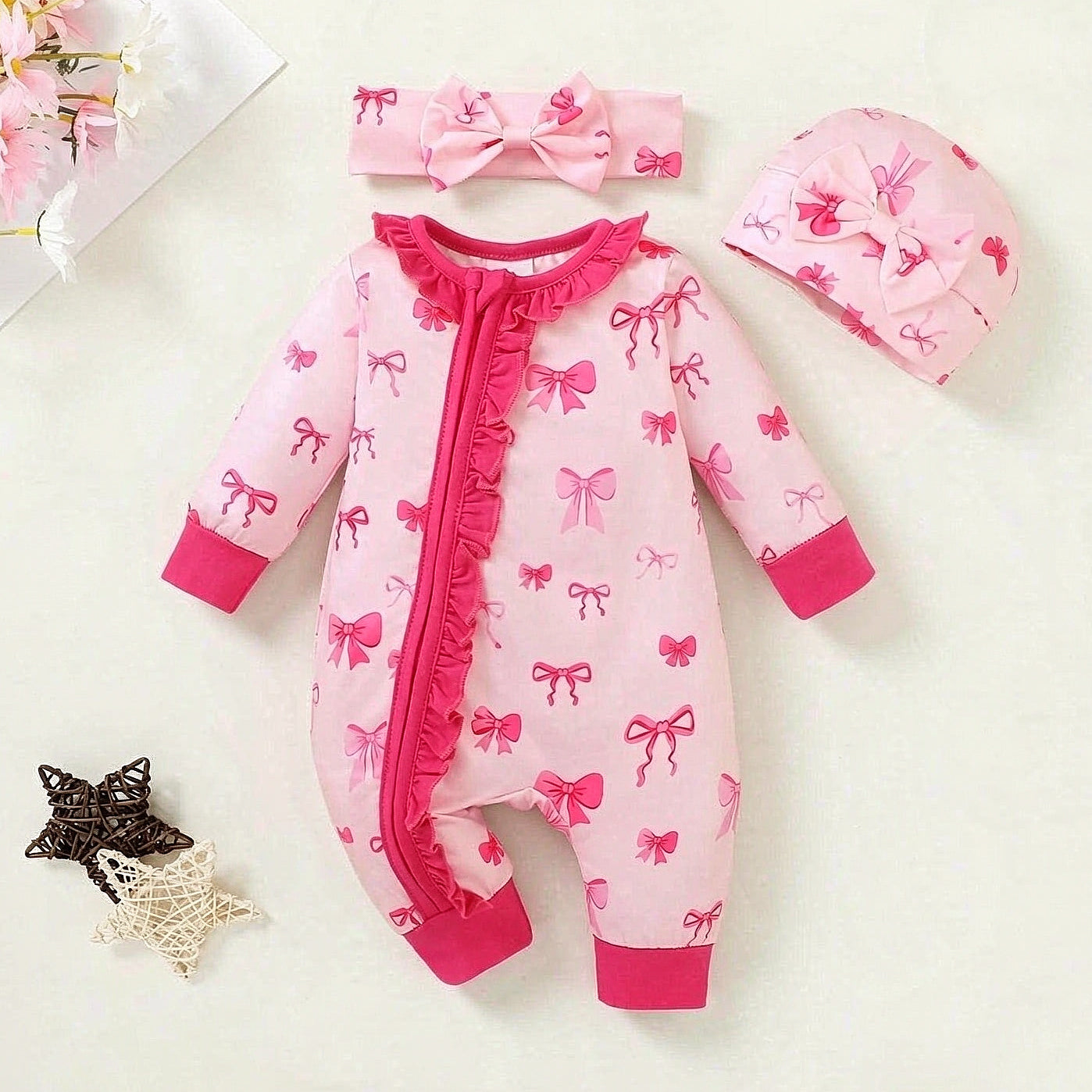 3PCS Pretty Bow Print Ruffle Zipper Long Sleeve Baby Jumpsuit