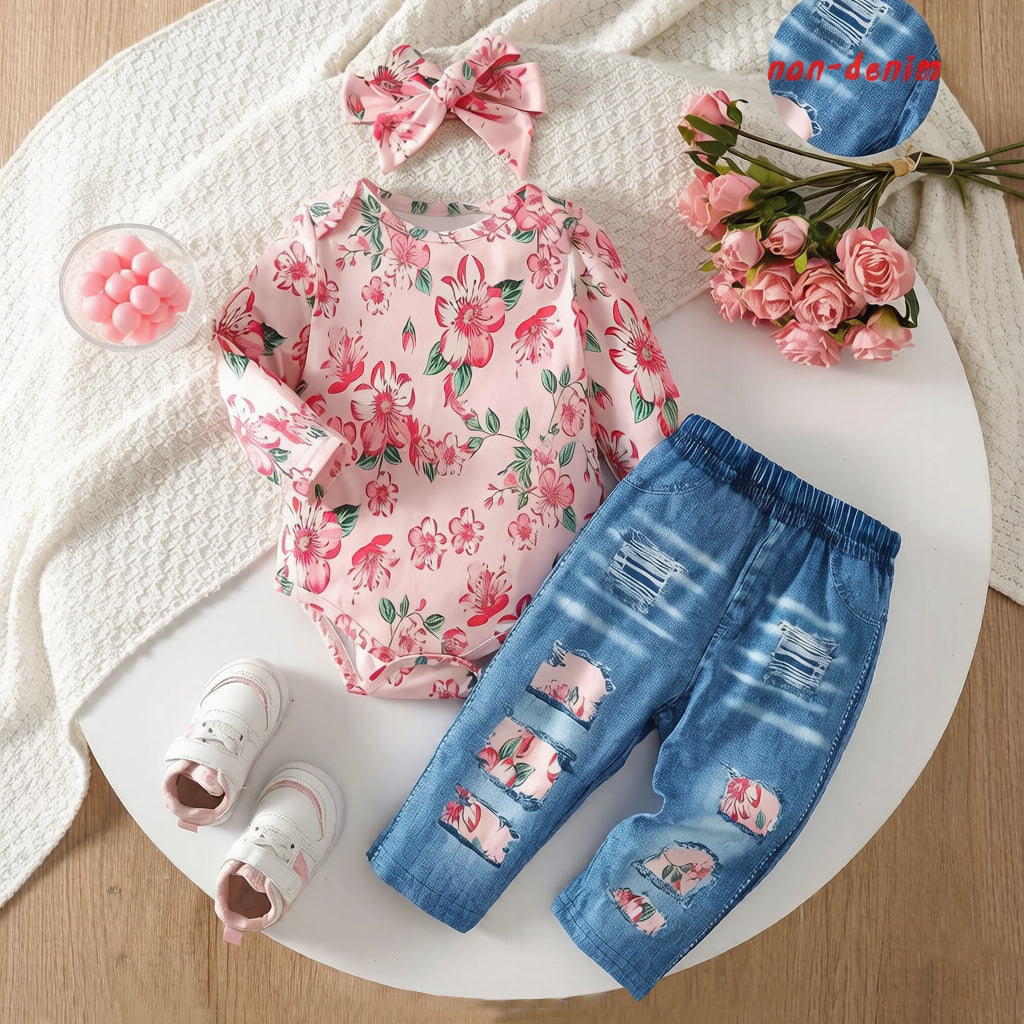 3PCS Elegant Floral Print Long Sleeve Baby Girl Set
