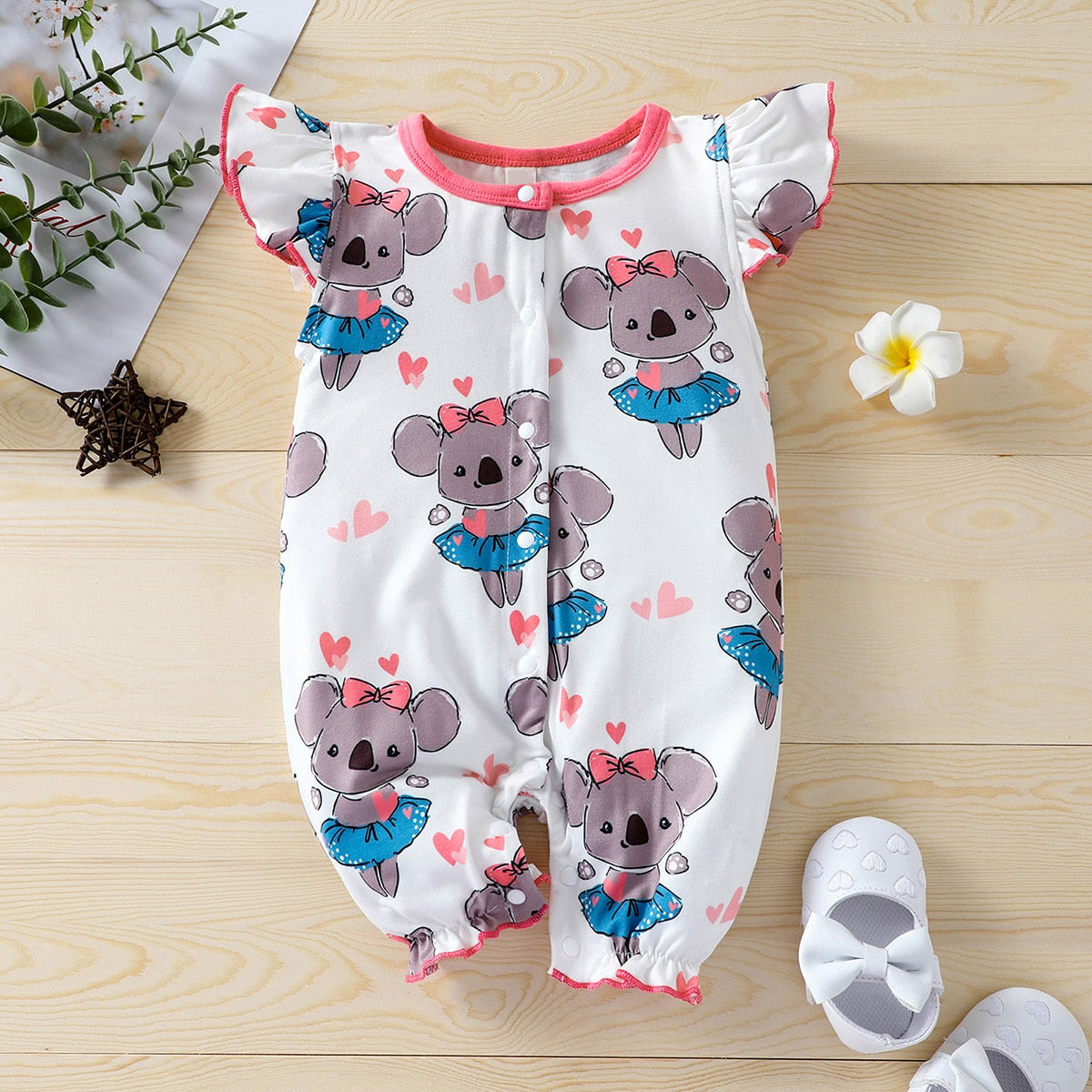 Cute Heart Koala Print Flutter Sleeve Baby Girl Jumpsuit