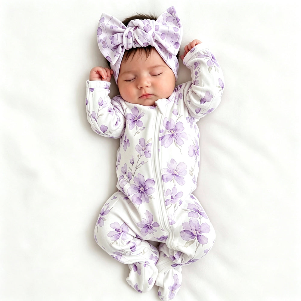 2PCS Exquisite Floral Print Zipper Long Sleeve Baby Girl Jumpsuit