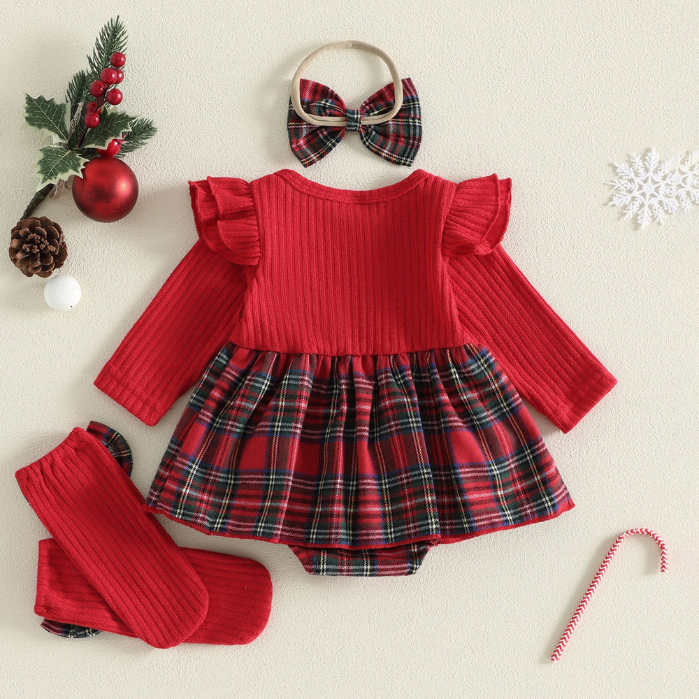 3PCS Christmas Heart Plaid Printed Long Sleeve Baby Romper
