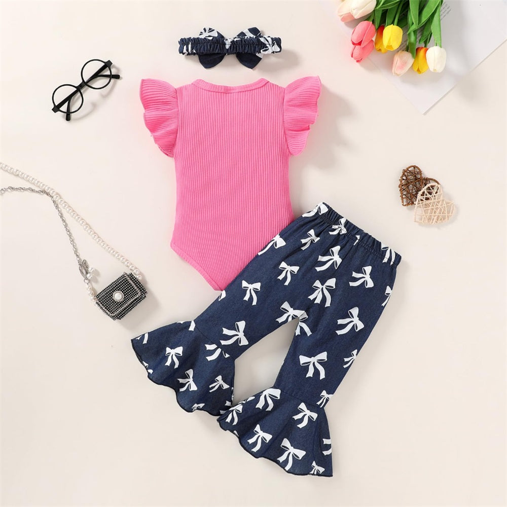 3PCS Stylish Bow Printed Fly Sleeve Baby Set