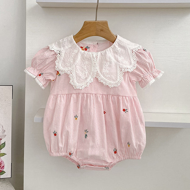 Cute Floral Embroidery Lace Short Sleeve Baby Romper