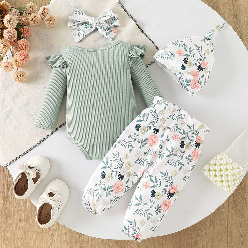 4PCS She's Here Letter Applique Floral Print Long Sleeve Baby Set