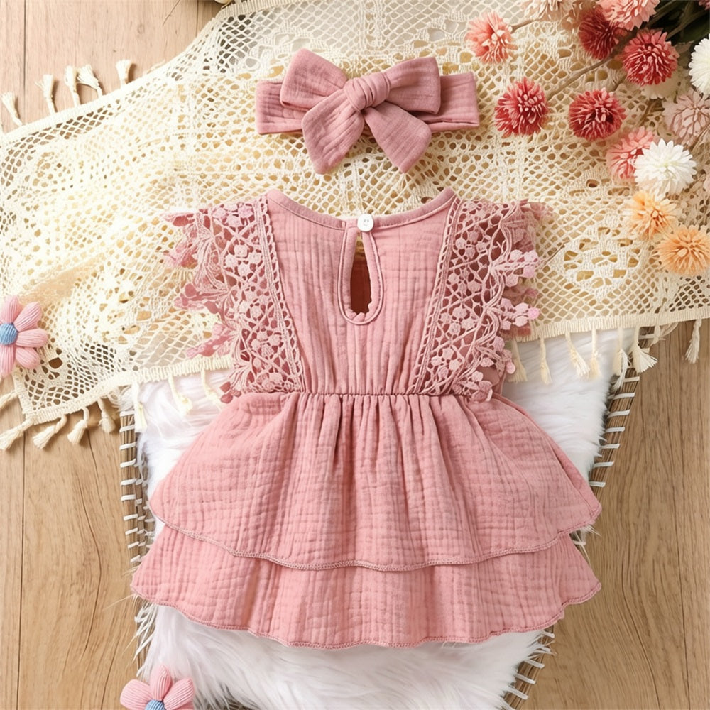 2PCS Pure Solid Color Ruffle Sleeveless Baby Romper