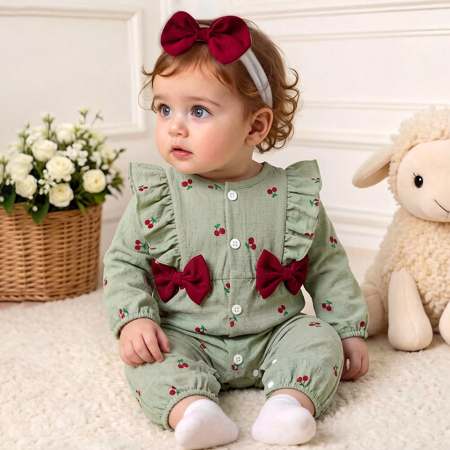 2PCS Fresh Cherry Print Bow Long Sleeve Baby Jumpsuit