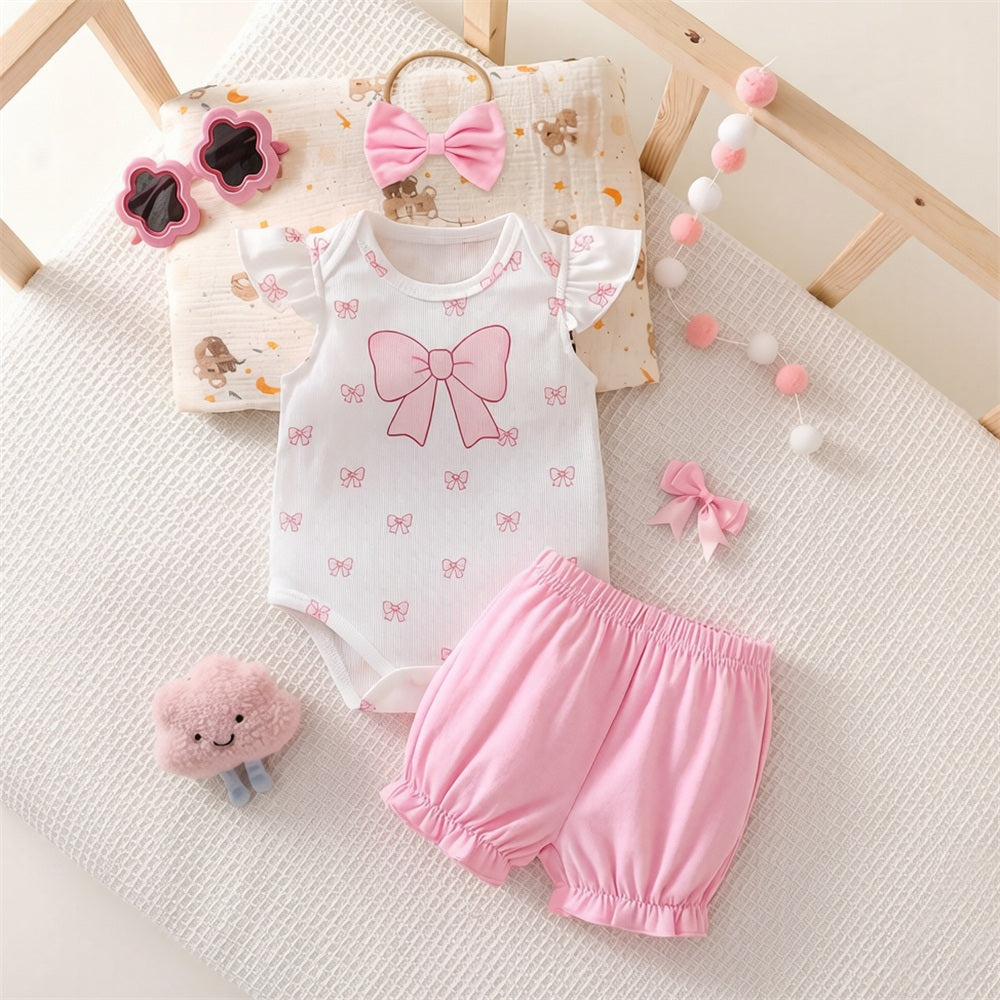 3PCS Elegant Bow Printed Flutter Sleeve Baby Set