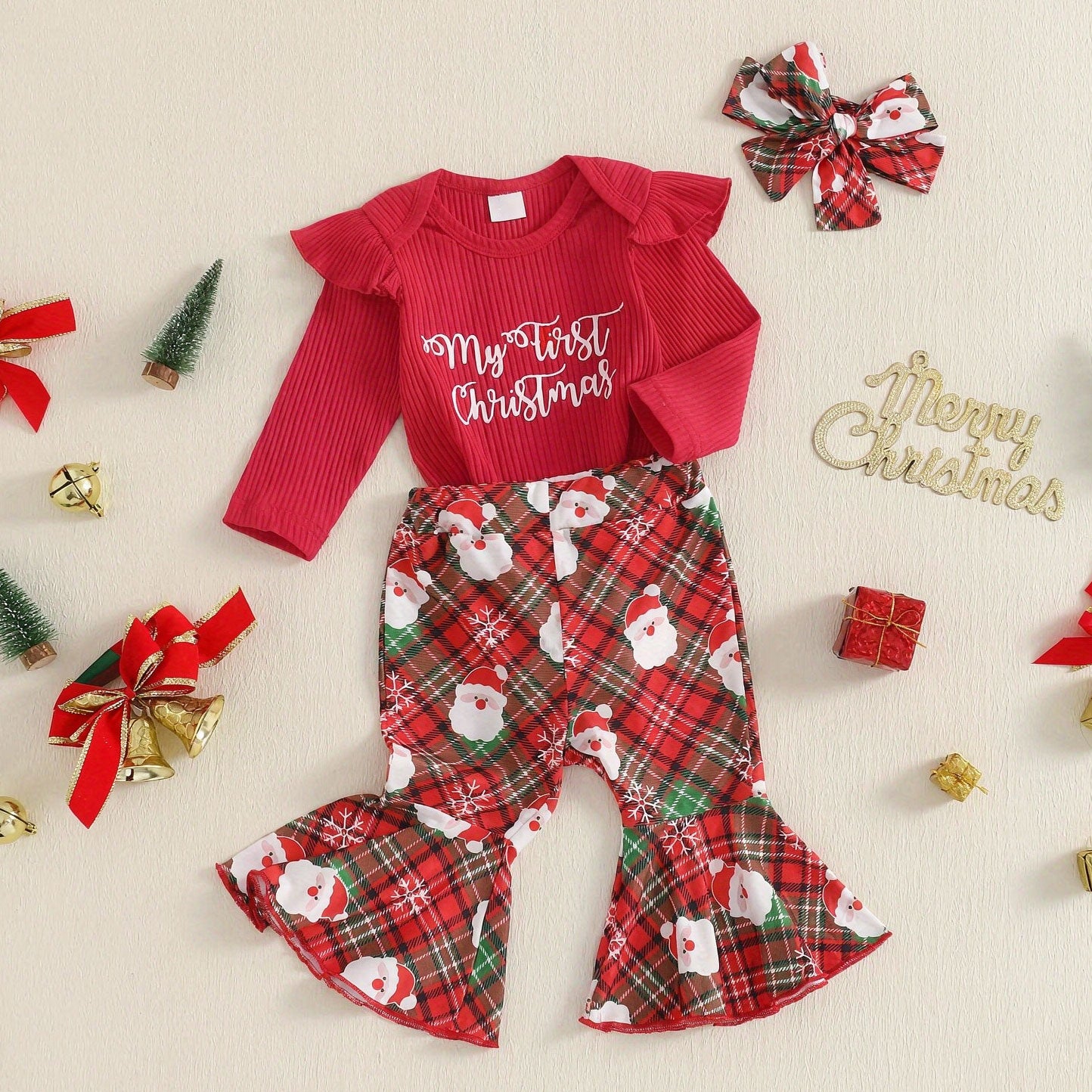 3PCS My First Christmas Letter Plaid Santa Claus Print Long Sleeve Baby Set