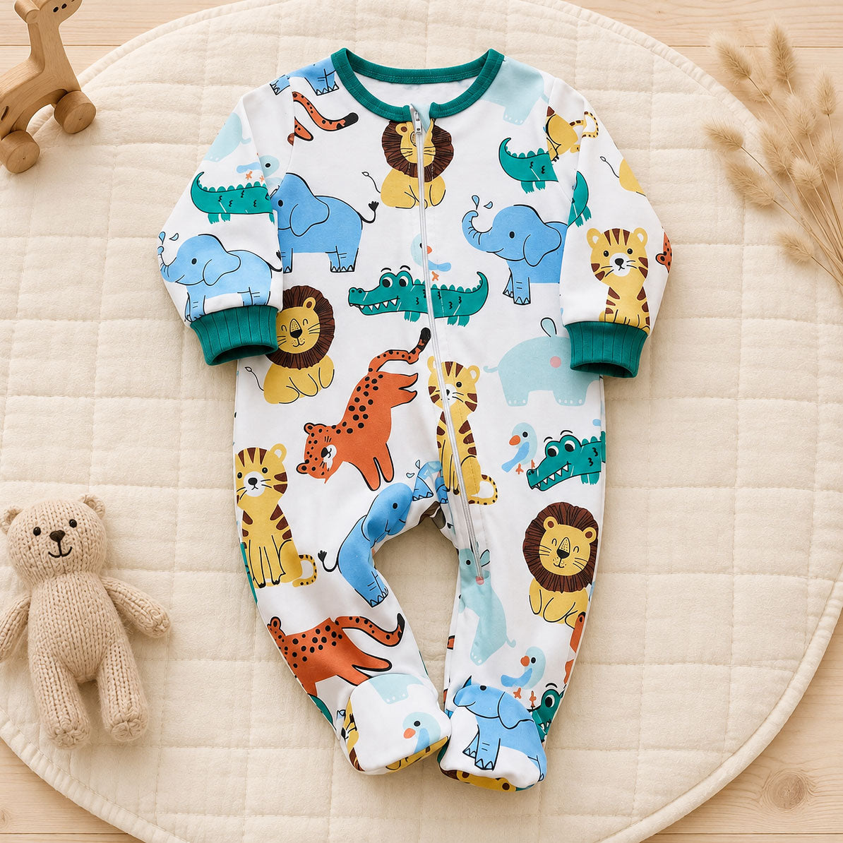 Cute Animal Print Long Sleeve Zipper Baby Jumpsuit