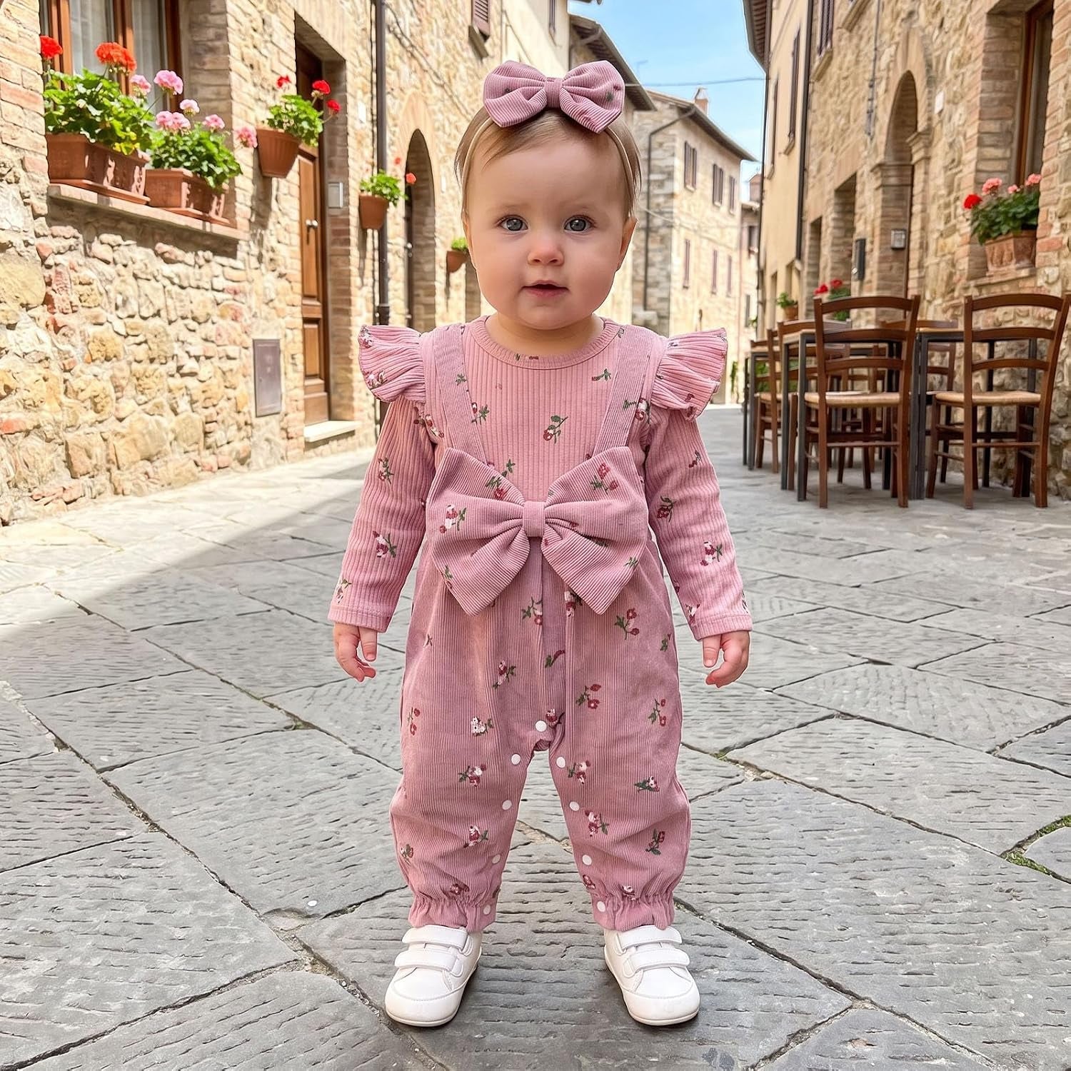 2PCS Classy Floral Printed Long Sleeve Baby Girl Jumpsuit