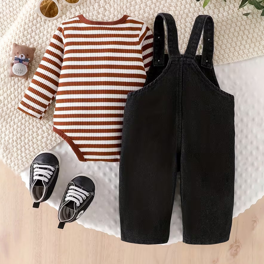 2PCS Stripe Print Denim Overalls Baby Set