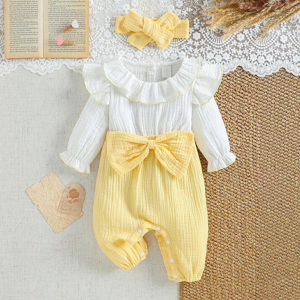 2PCS Sweet Color Block Bow Long Sleeve Baby Girl Jumpsuit