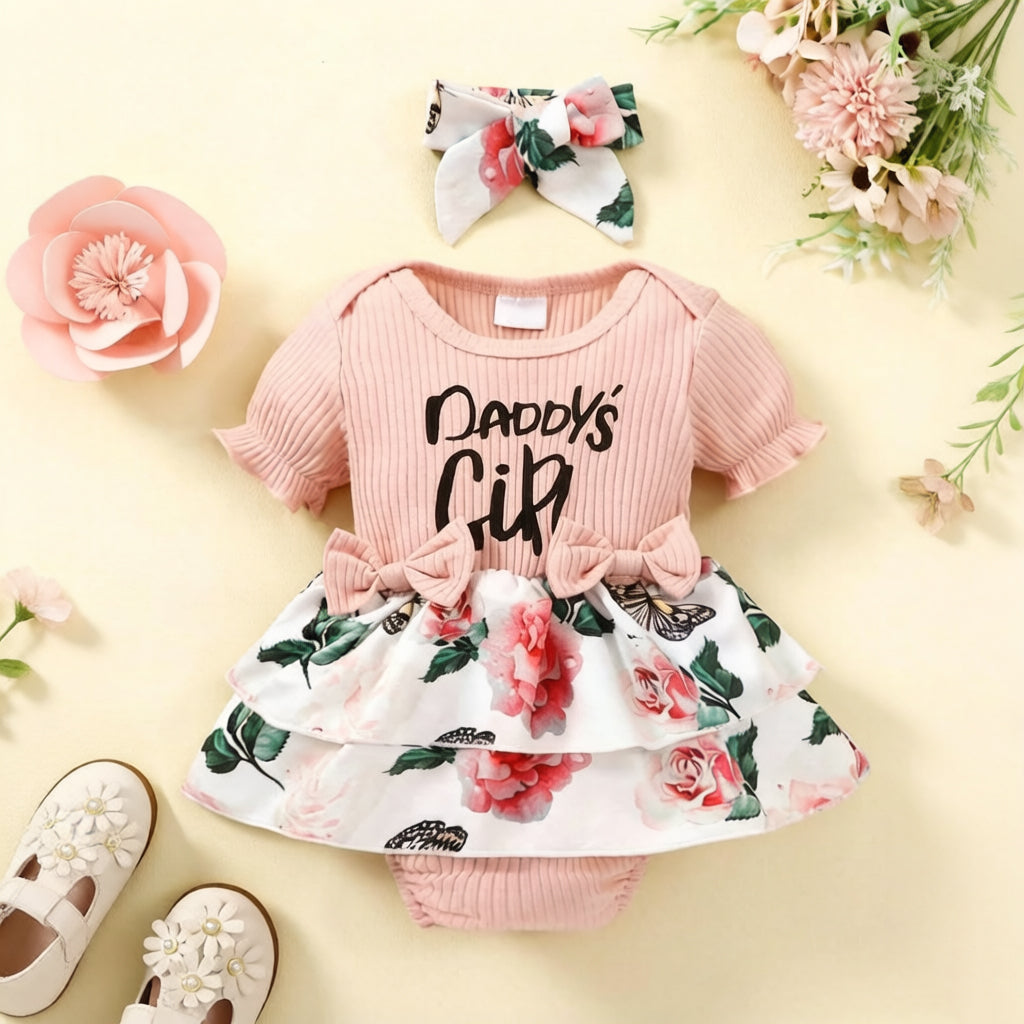 2PCS Daddy's Girl Letter Floral Print Short Sleeve Baby Romper