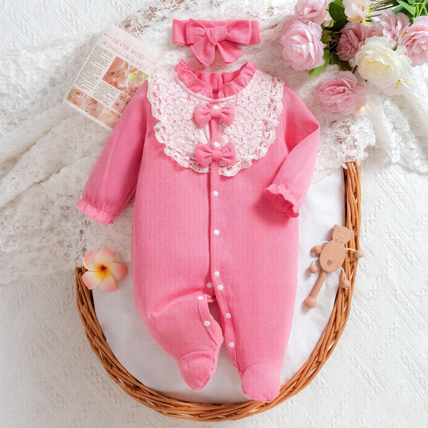 2PCS Refined Solid Color Long Sleeve Lace Baby Girl Jumpsuit