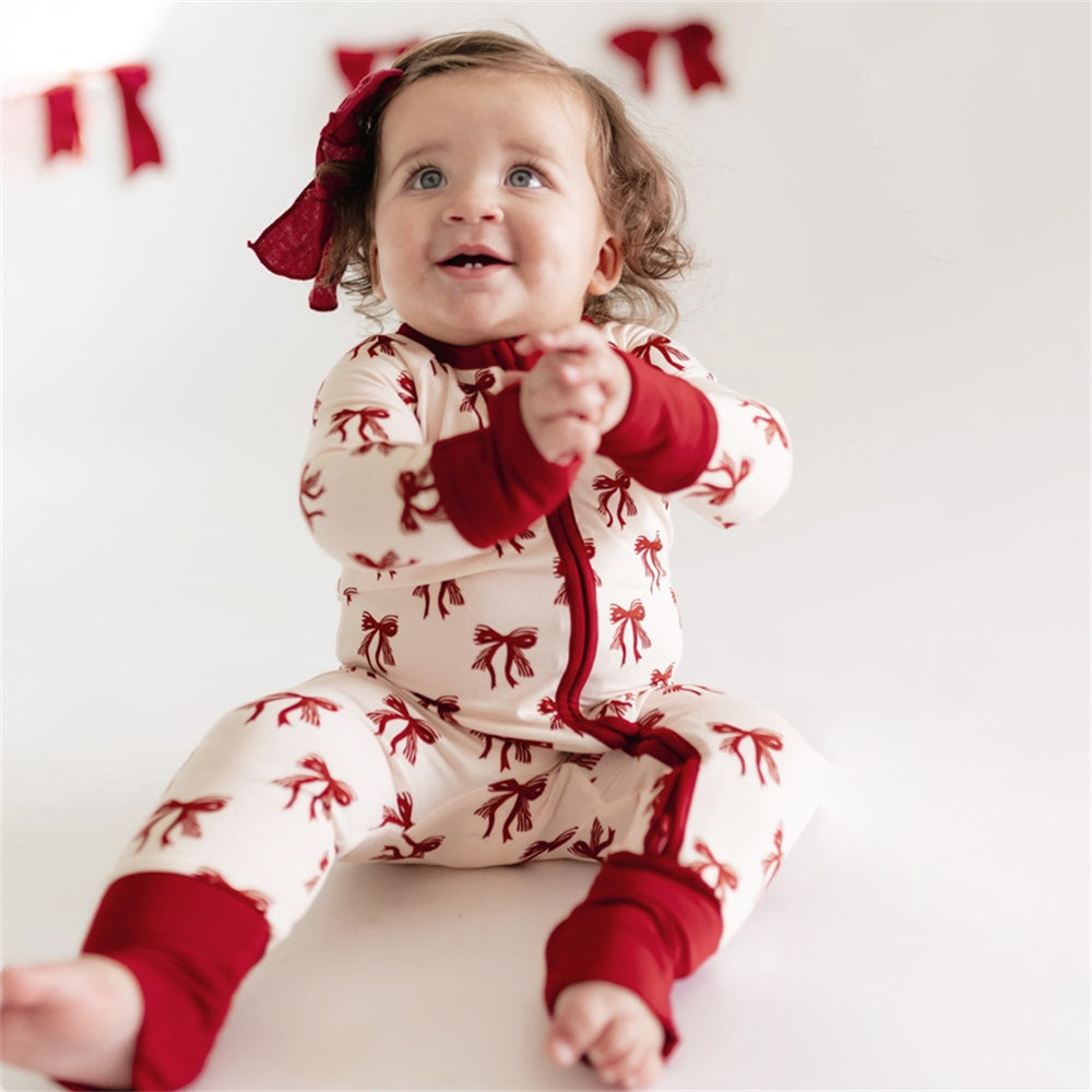 2PCS Fashionable Bow Printed Long Sleeve Zipper Baby Jumpsuit