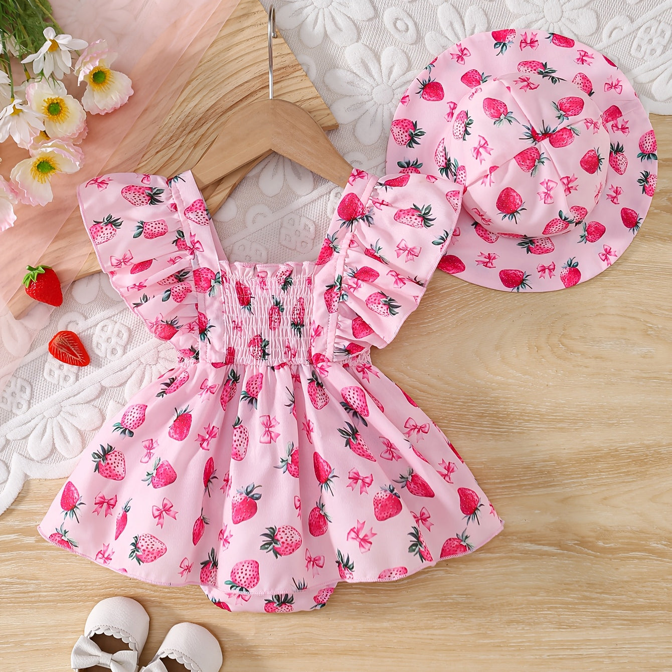2PCS Sweet Strawberry Print Flounce Sleeve Baby Girl Romper