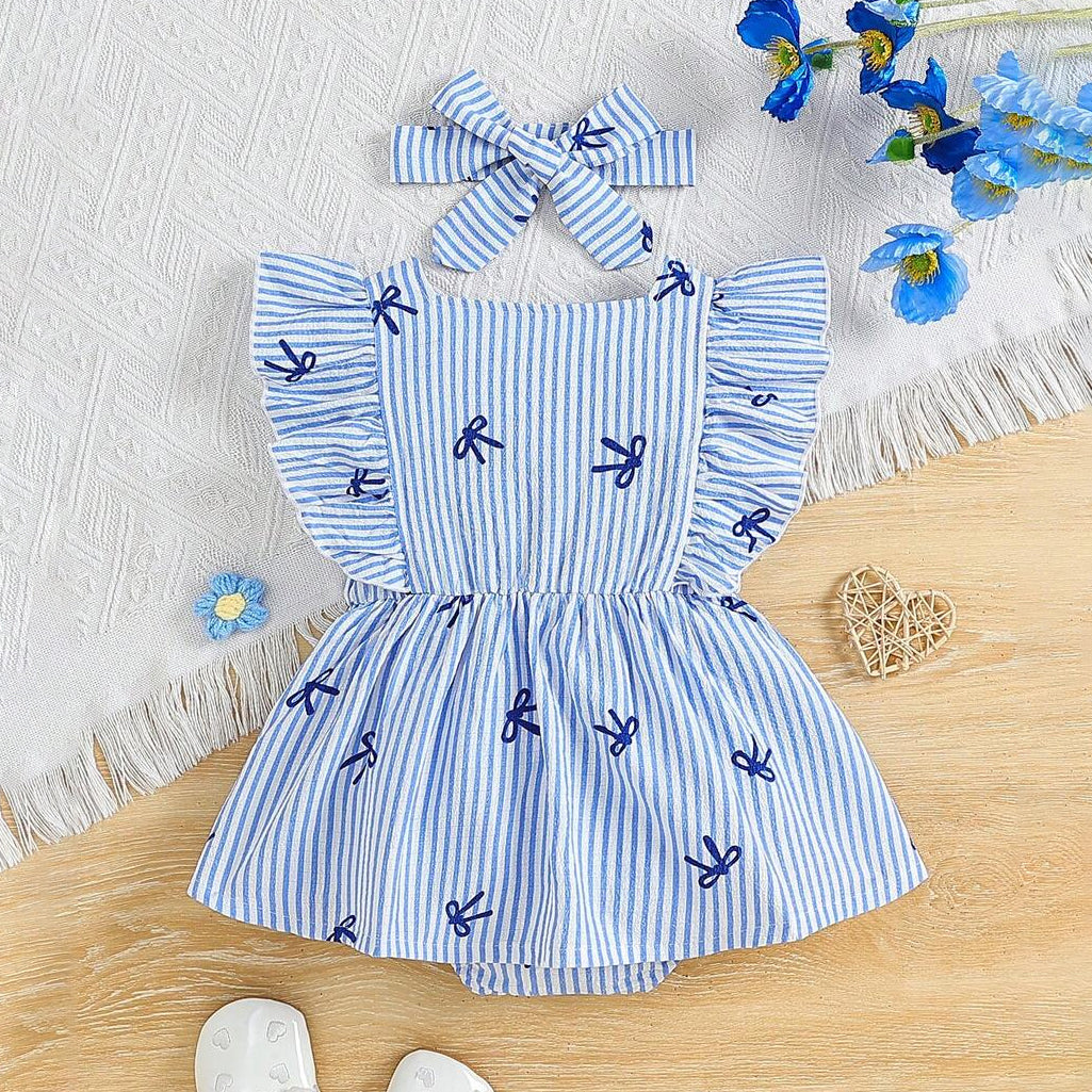 2PCS Sweet Bow Stripe Printed Flutter Sleeve Baby Girl Romper