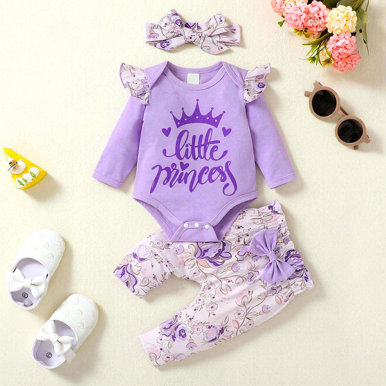 3PCS Cheerful Little Princess Letter Floral Printed Long Sleeve Baby Set