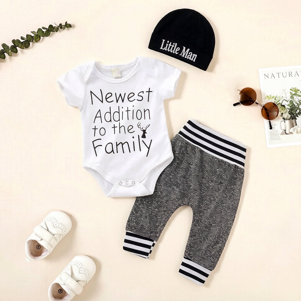 3PCS Newest Addition To The Family Letter Stripe Print Baby Set