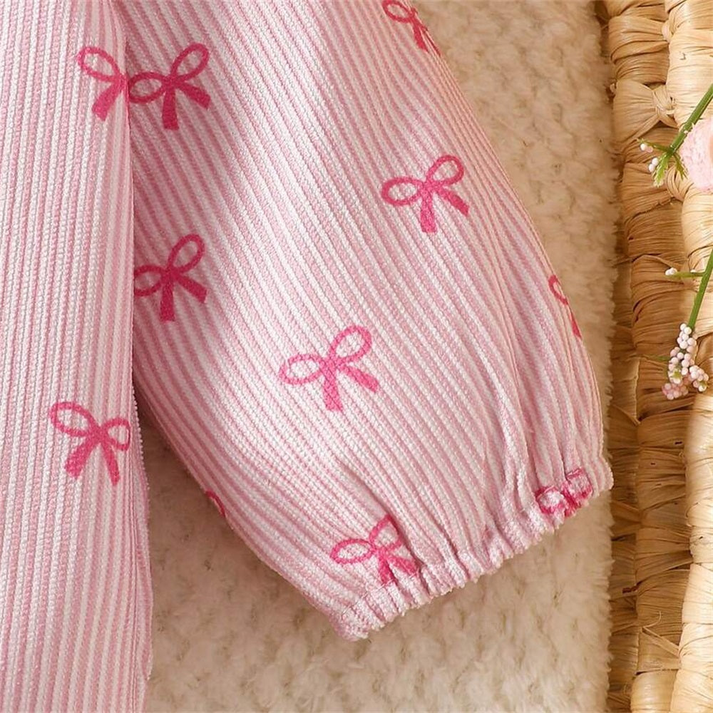 Sweet Bow Print Long Sleeve Baby Jumpsuit