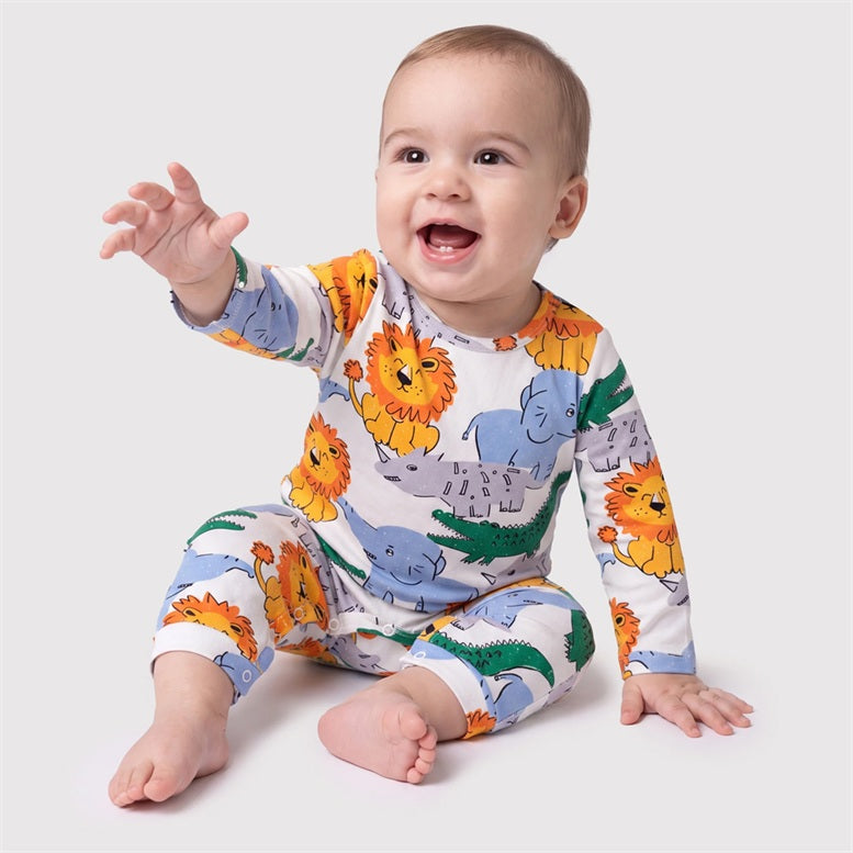 Adorable Lion Elephant Print Long Sleeve Baby Jumpsuit