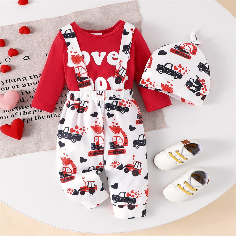 3PCS Lover Boy Letter Printed Long Sleeve Baby Overalls Set