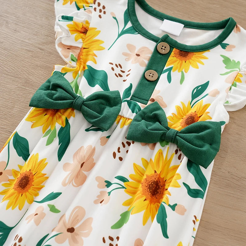 Fresh Sunflower Printed Flounce Sleeve Baby Jumpsuit