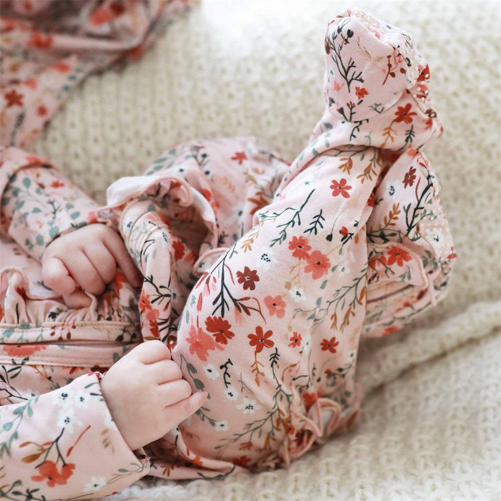 Casual Allover Floral Print Ruffle Long Sleeve Baby Jumpsuit