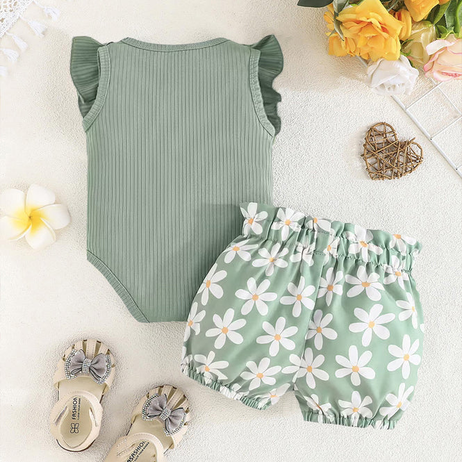 2PCS Sweet Floral Print Bow Flutter Sleeve Baby Set
