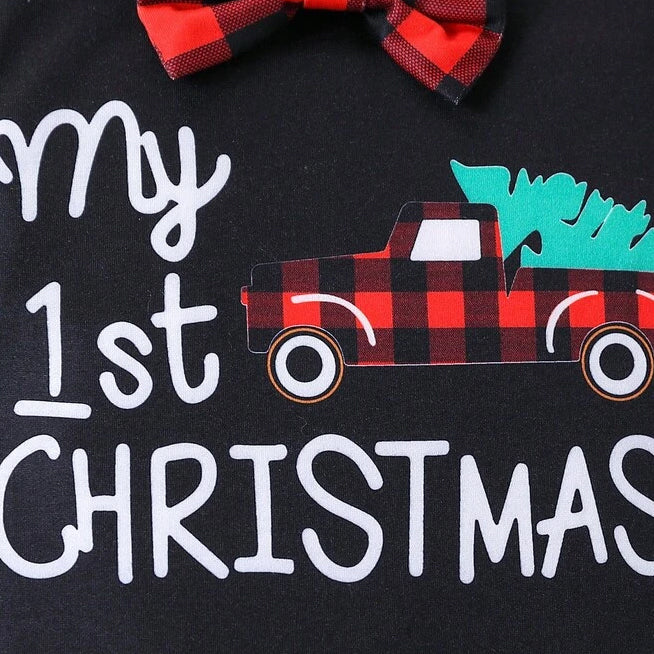 2PCS My 1st Christmas Letter Car Plaid Printed Baby Jumpsuit