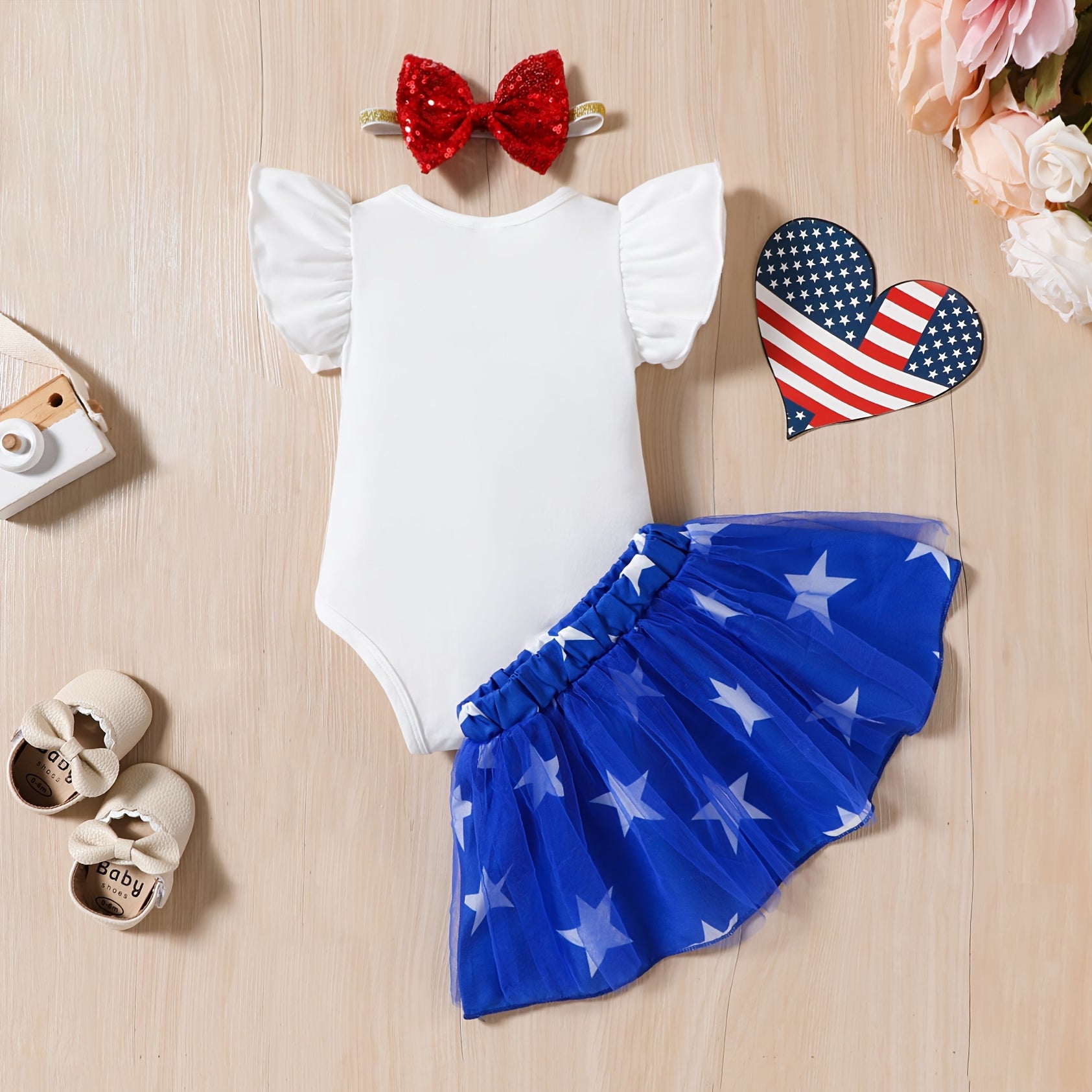 3PCS My 1st 4th of July Letter Printed Short Sleeve Baby Girl Set