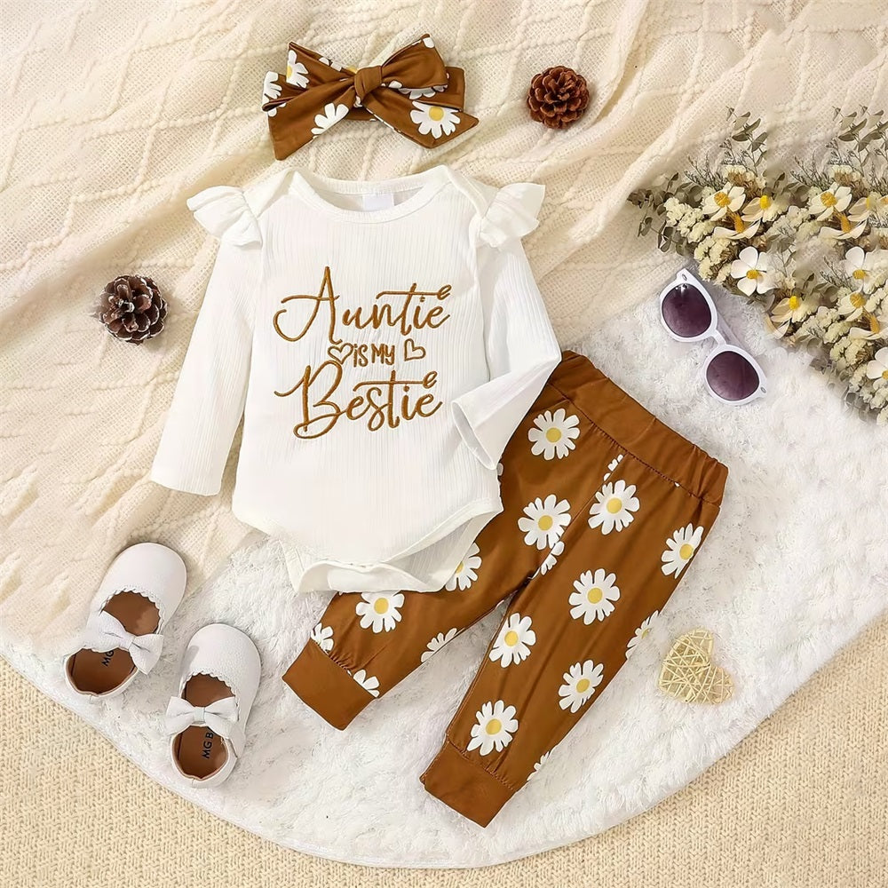 3PCS Auntie Is My Bestie Letter Embroidery Floral Print Baby Set