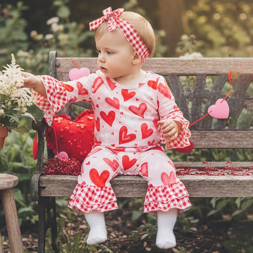 2PCS Heart Plaid Print Long Sleeve Baby Jumpsuit