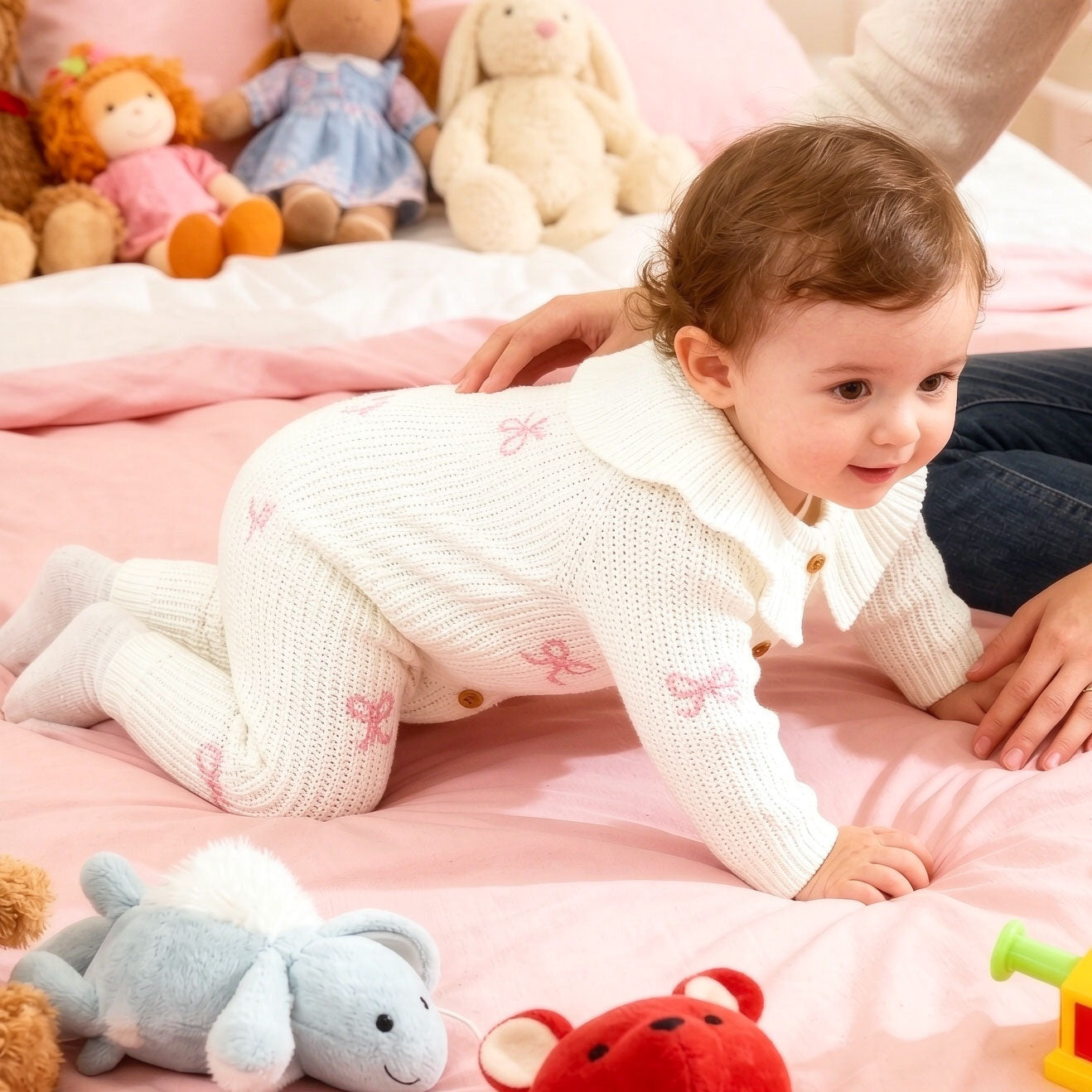 Lovely Solid Color Bow Print Knit Long Sleeve Baby Jumpsuit
