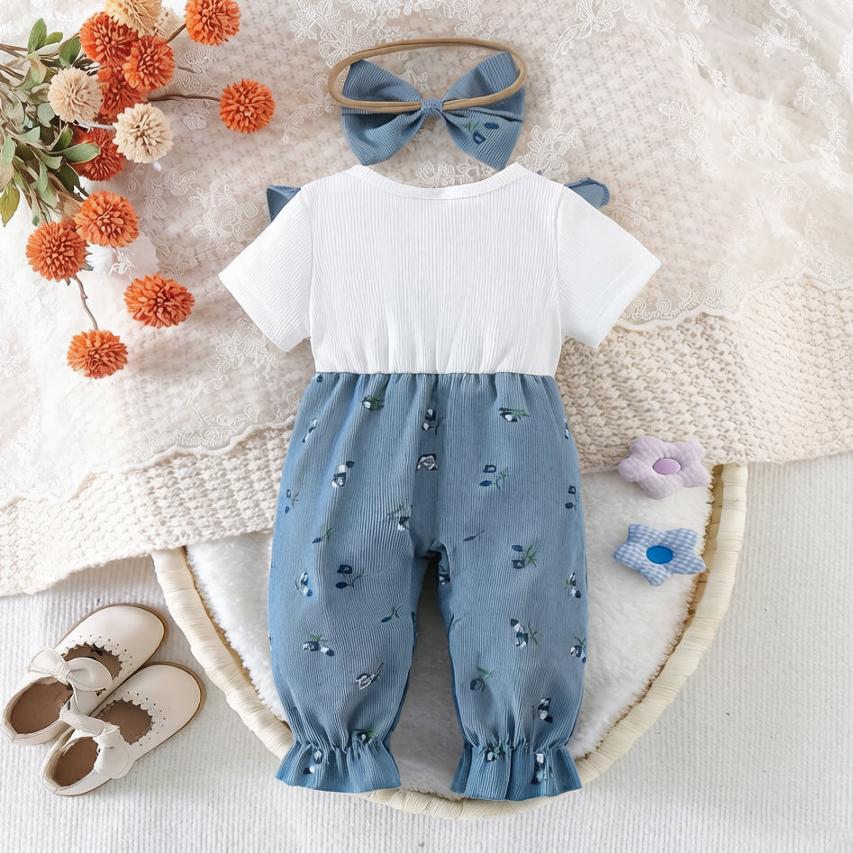 2PCS Graceful Floral Print Short Sleeve Baby Jumpsuit