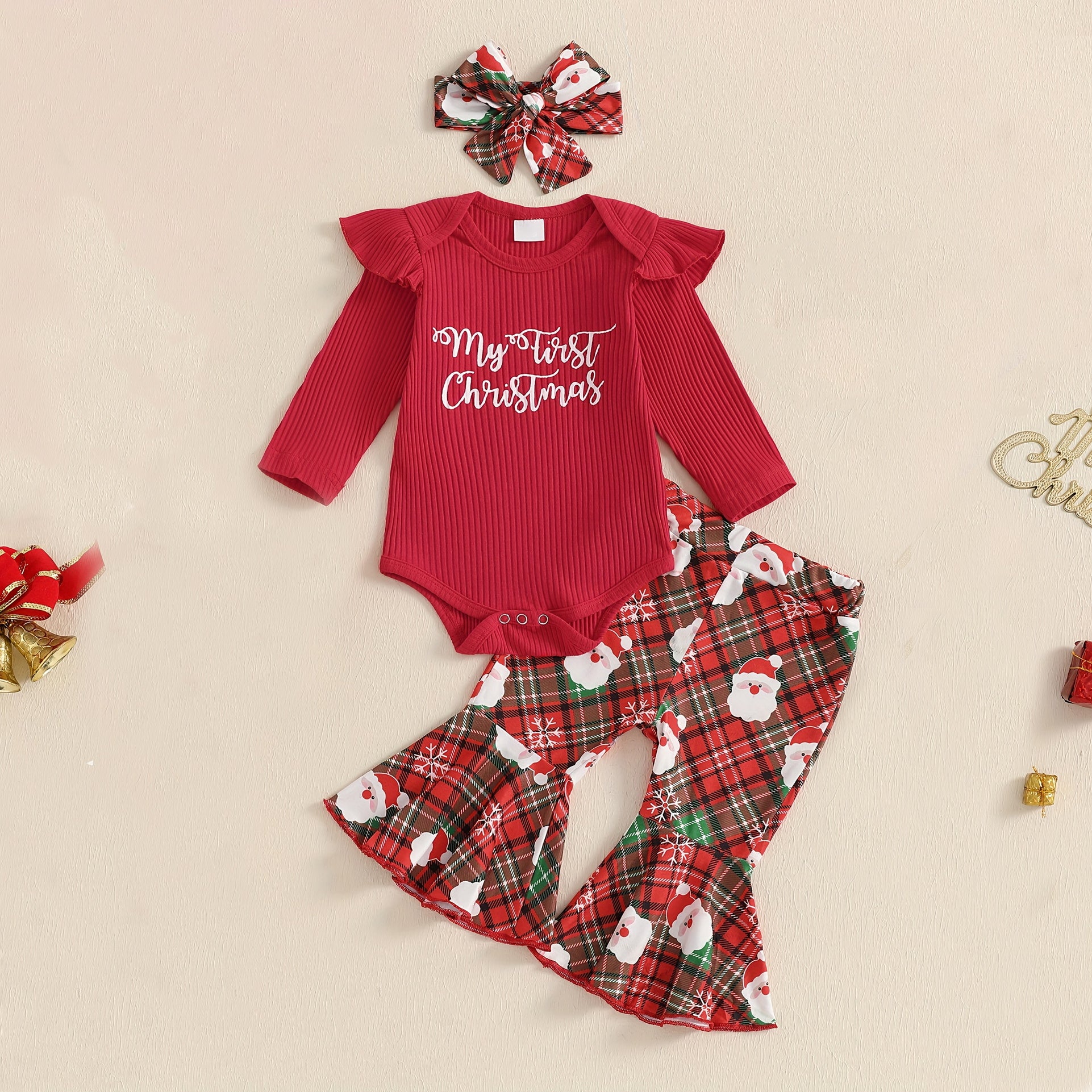 3PCS My First Christmas Letter Santa Claus Plaid Printed Baby Set