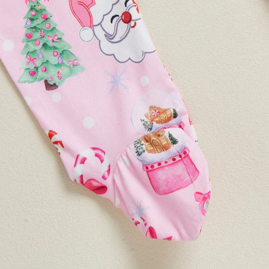 Christmas Santa Claus Printed Ruffles Zipper Baby Jumpsuit