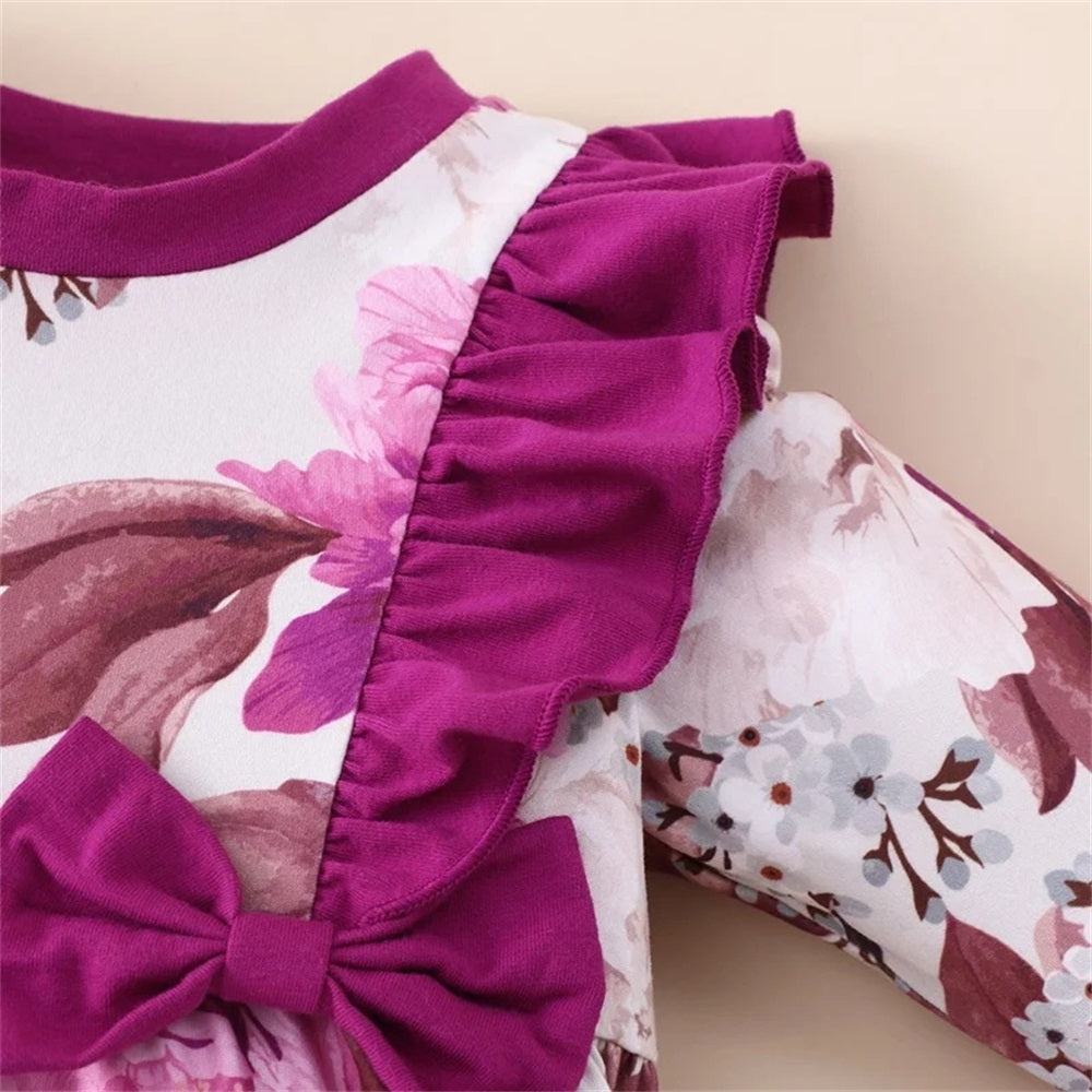 2PCS Trendy Floral Print Ruffle Trim Long Sleeve Baby Jumpsuit