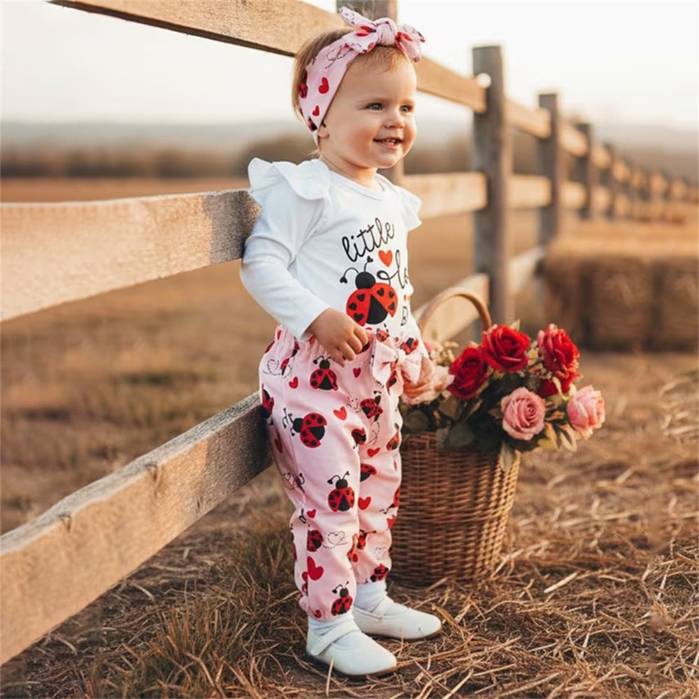 3PCS Little Love BUG Letter Print Long Sleeve Baby Set