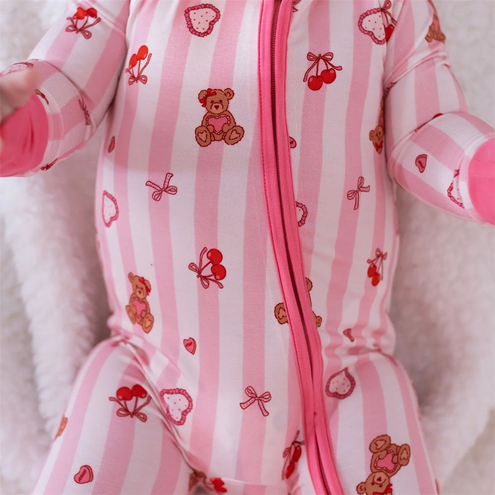 2PCS Cute Bear Printed Striped Long Sleeve Zipper Baby Jumpsuit
